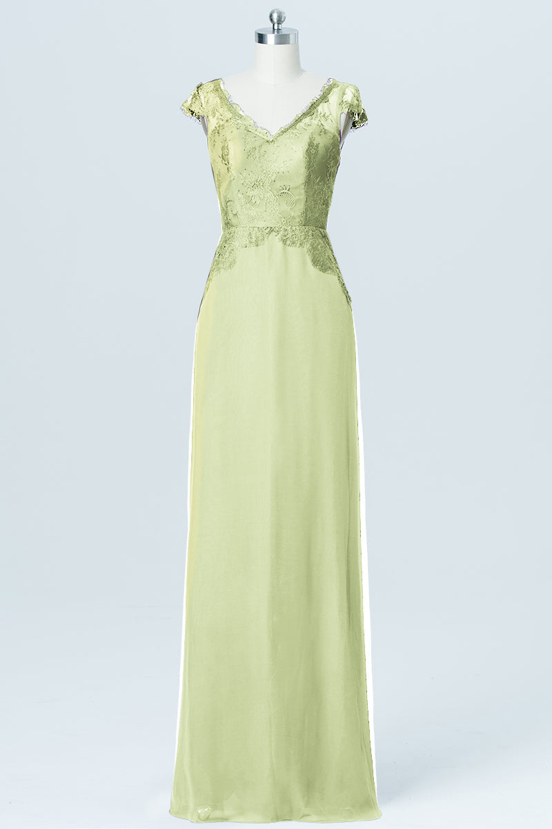 Lace Column V-Neck Cap Sleeves Bridesmaid Dress-B03005