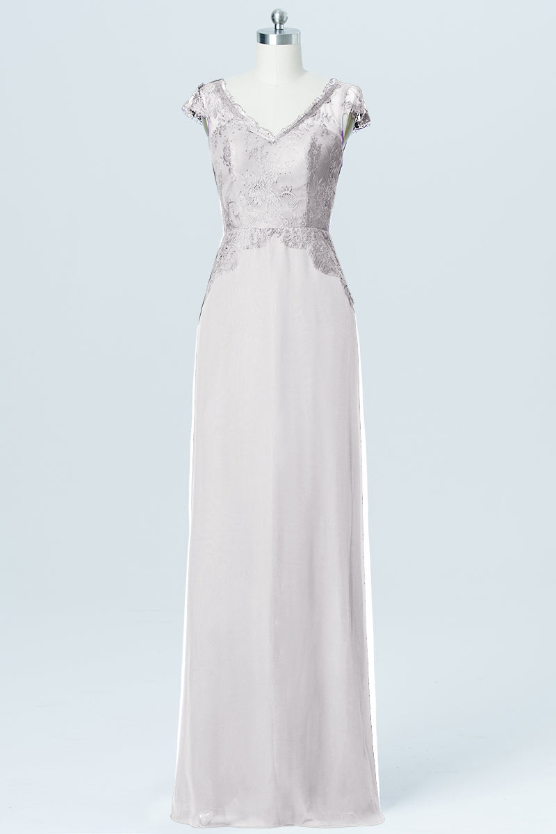 Lace Column V-Neck Cap Sleeves Bridesmaid Dress-B03005
