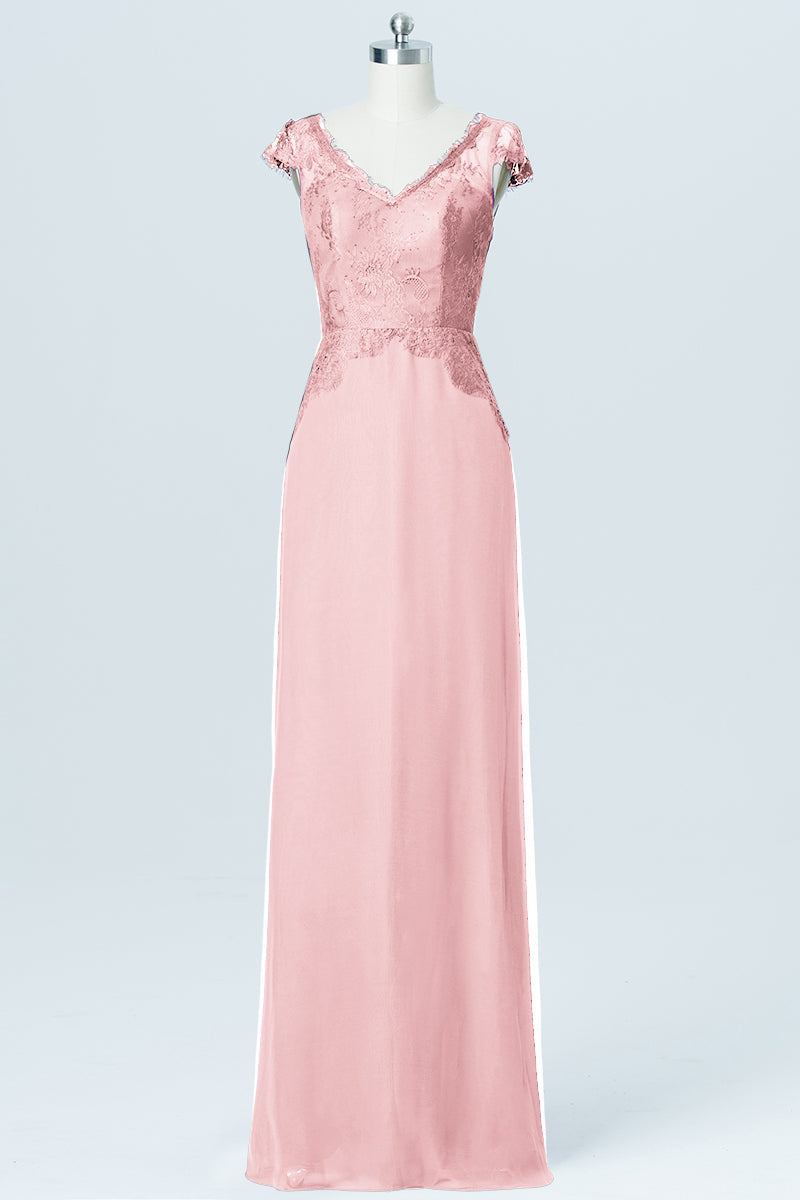 Lace Column V-Neck Cap Sleeves Bridesmaid Dress-B03005