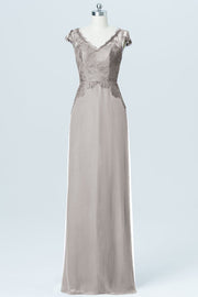Lace Column V-Neck Cap Sleeves Bridesmaid Dress-B03005