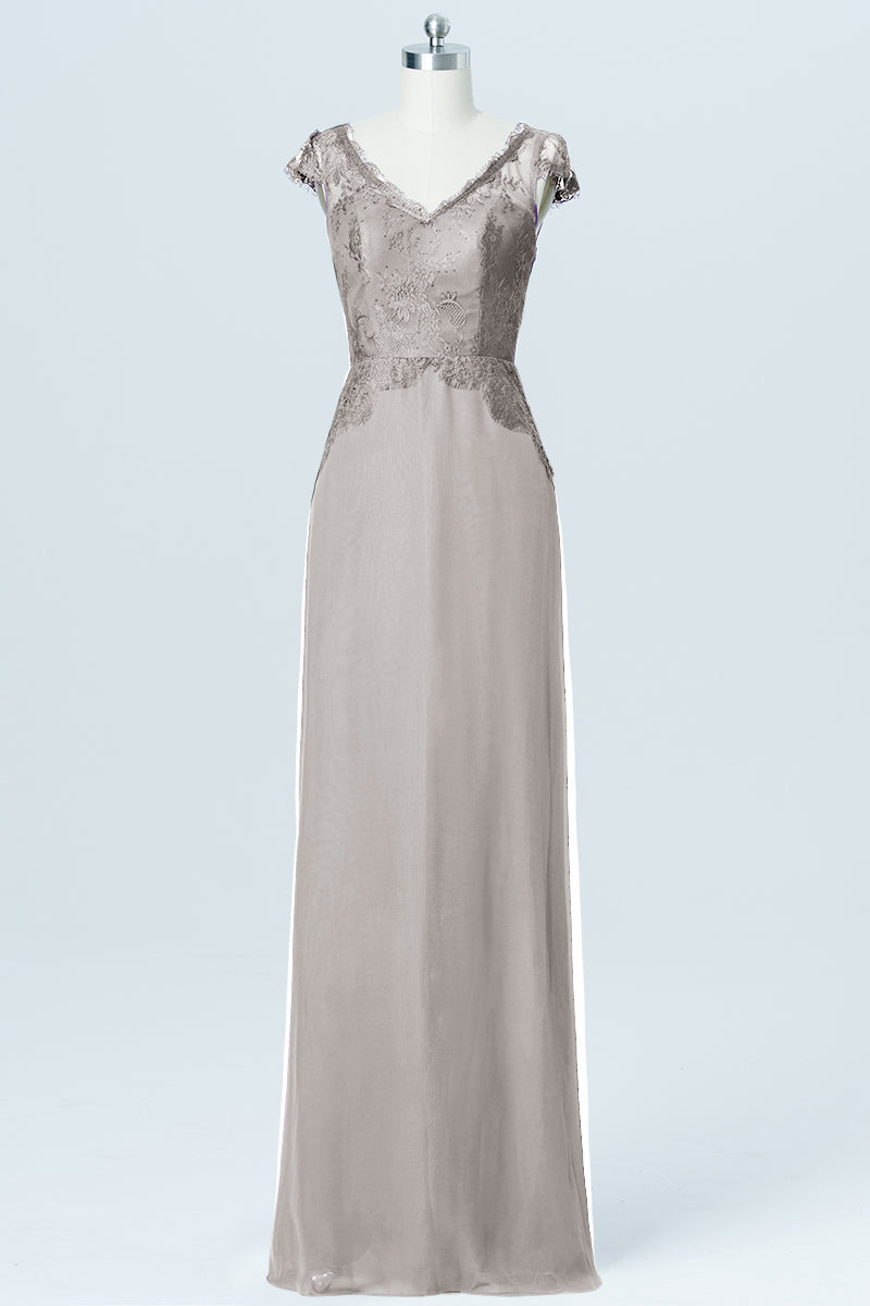 Lace Column V-Neck Cap Sleeves Bridesmaid Dress-B03005
