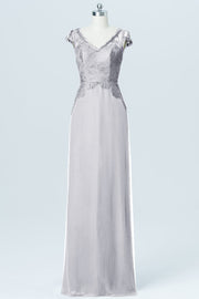 Lace Column V-Neck Cap Sleeves Bridesmaid Dress-B03005