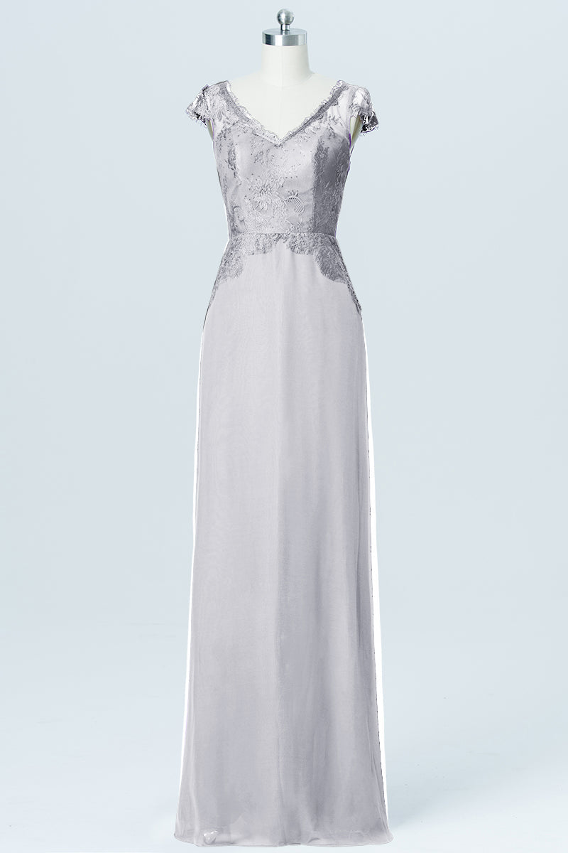 Lace Column V-Neck Cap Sleeves Bridesmaid Dress-B03005