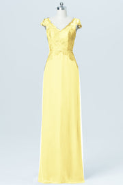 Lace Column V-Neck Cap Sleeves Bridesmaid Dress-B03005