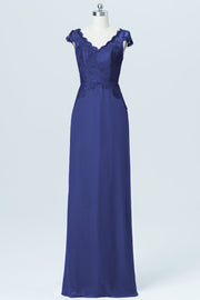Lace Column V-Neck Cap Sleeves Bridesmaid Dress-B03005