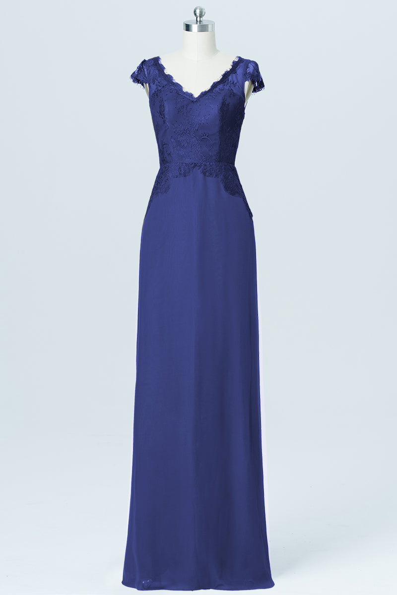 Lace Column V-Neck Cap Sleeves Bridesmaid Dress-B03005