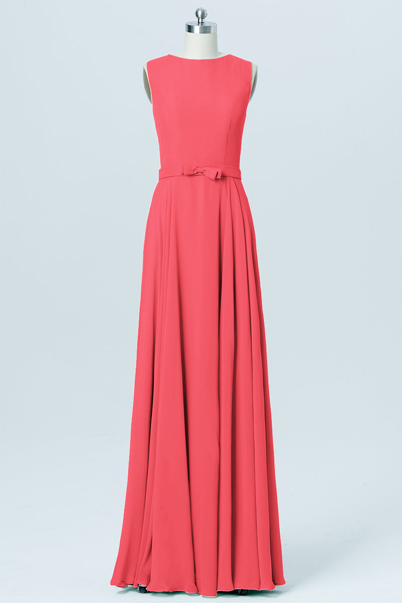 Chiffon Column Jewel Neck Sleeveless Bridesmaid Dress-B03017