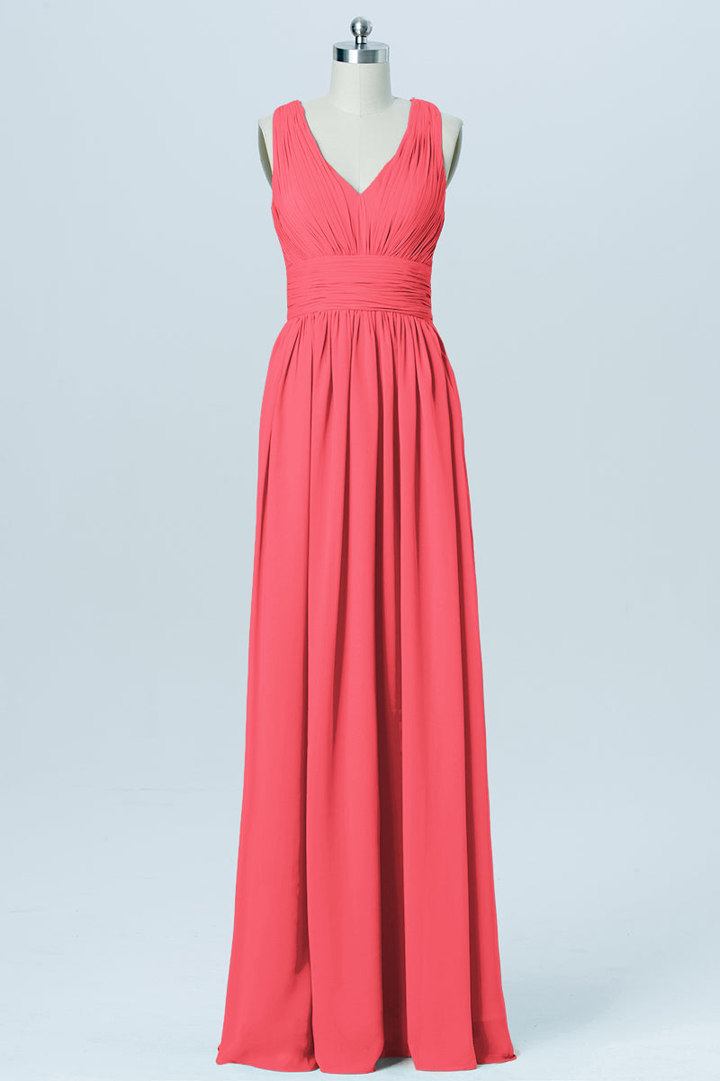 Chiffon Column V-Neck Sleeveless Bridesmaid Dress-B03022