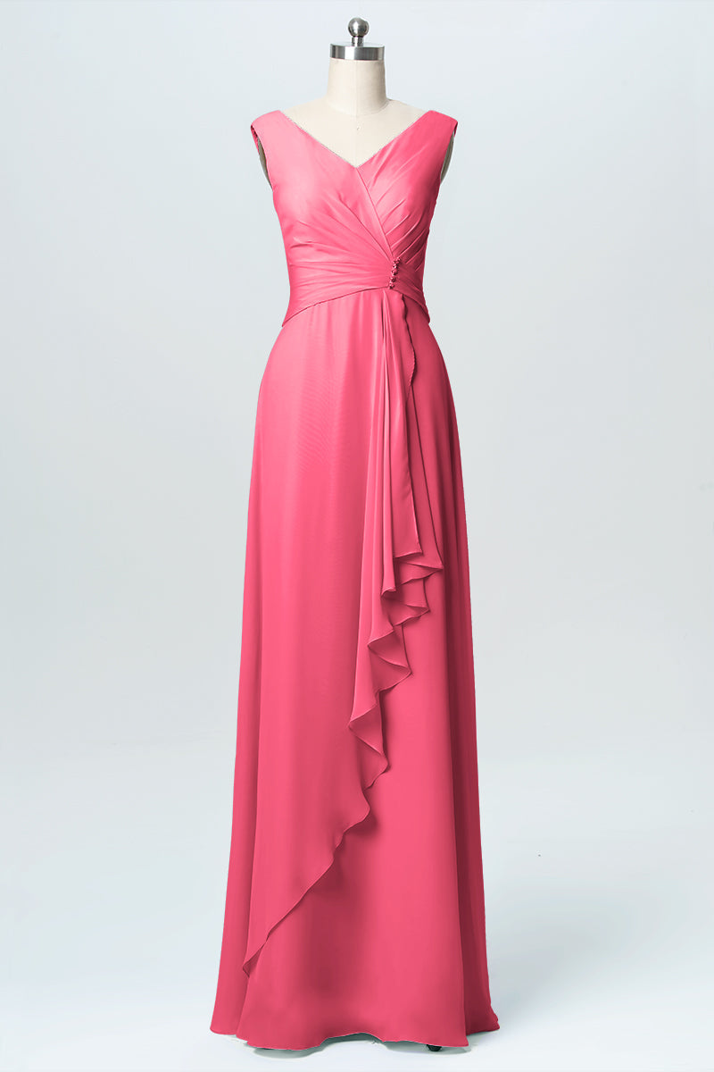Chiffon Column V-Neck Sleeveless Bridesmaid Dress-B03038