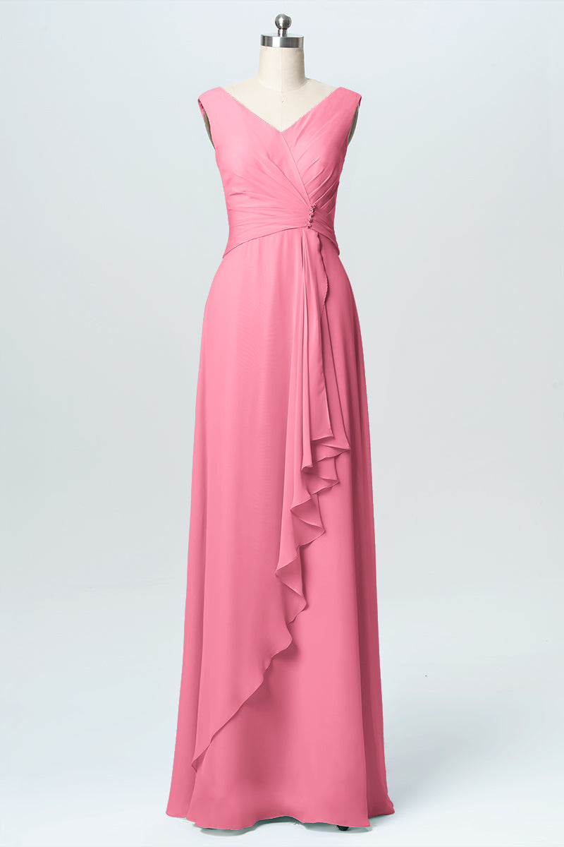 Chiffon Column V-Neck Sleeveless Bridesmaid Dress-B03038
