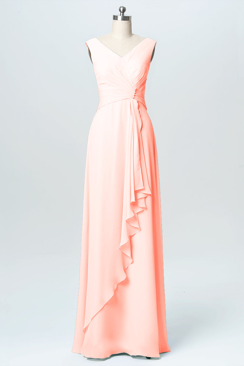 Chiffon Column V-Neck Sleeveless Bridesmaid Dress-B03038