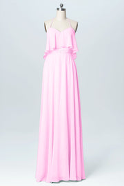 Chiffon Column Spaghetti Straps Sleeveless Bridesmaid Dress-B03045