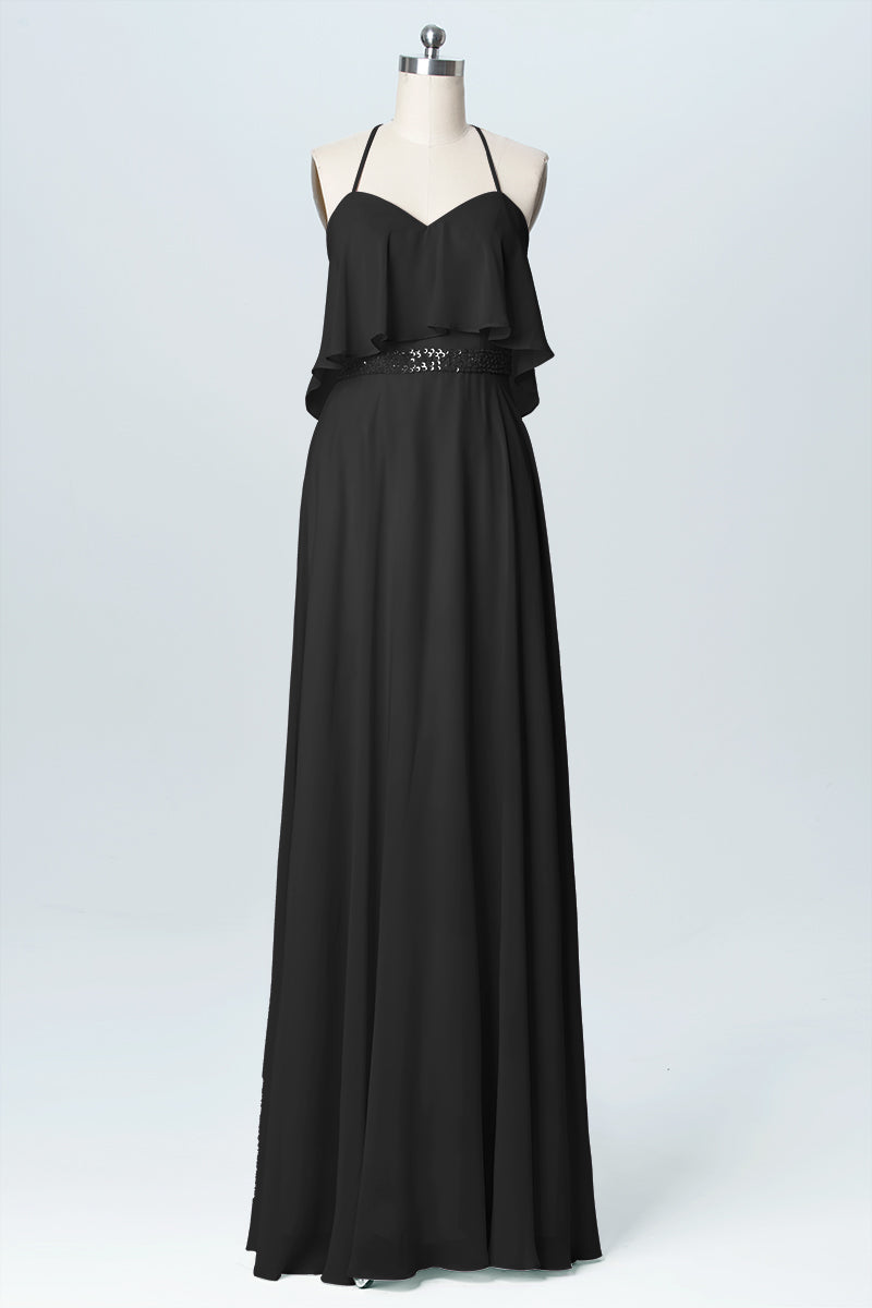 Chiffon Column Spaghetti Straps Sleeveless Bridesmaid Dress-B03045