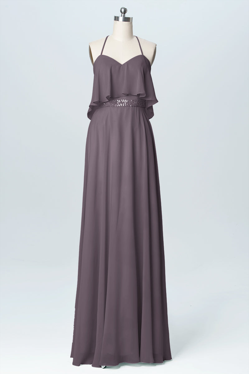 Chiffon Column Spaghetti Straps Sleeveless Bridesmaid Dress-B03045