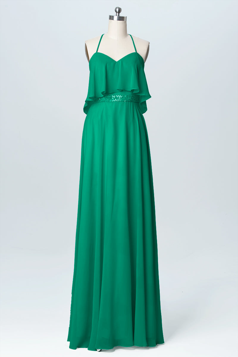 Chiffon Column Spaghetti Straps Sleeveless Bridesmaid Dress-B03045