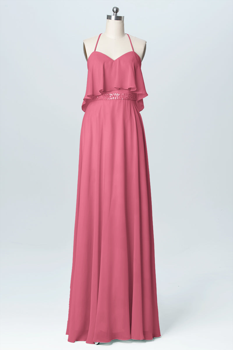 Chiffon Column Spaghetti Straps Sleeveless Bridesmaid Dress-B03045