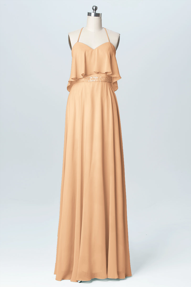 Chiffon Column Spaghetti Straps Sleeveless Bridesmaid Dress-B03045