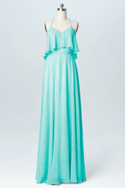 Chiffon Column Spaghetti Straps Sleeveless Bridesmaid Dress-B03045