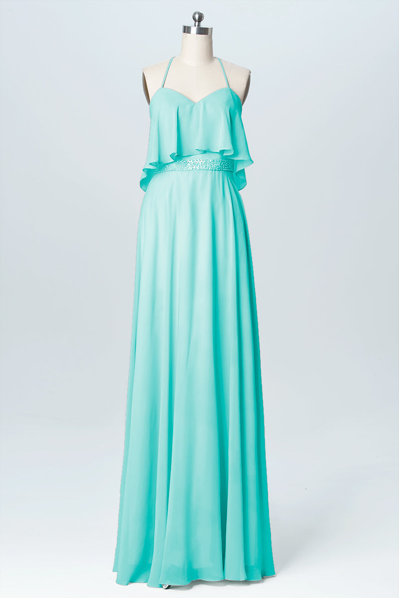 Chiffon Column Spaghetti Straps Sleeveless Bridesmaid Dress-B03045