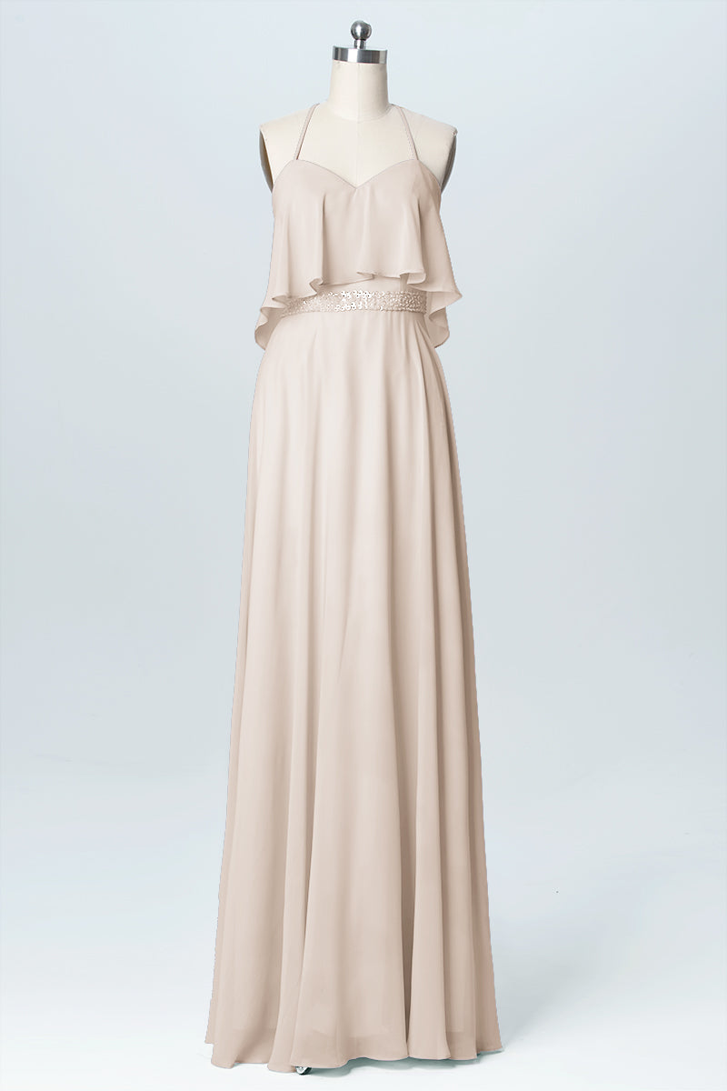 Chiffon Column Spaghetti Straps Sleeveless Bridesmaid Dress-B03045