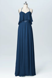 Chiffon Column Spaghetti Straps Sleeveless Bridesmaid Dress-B03045