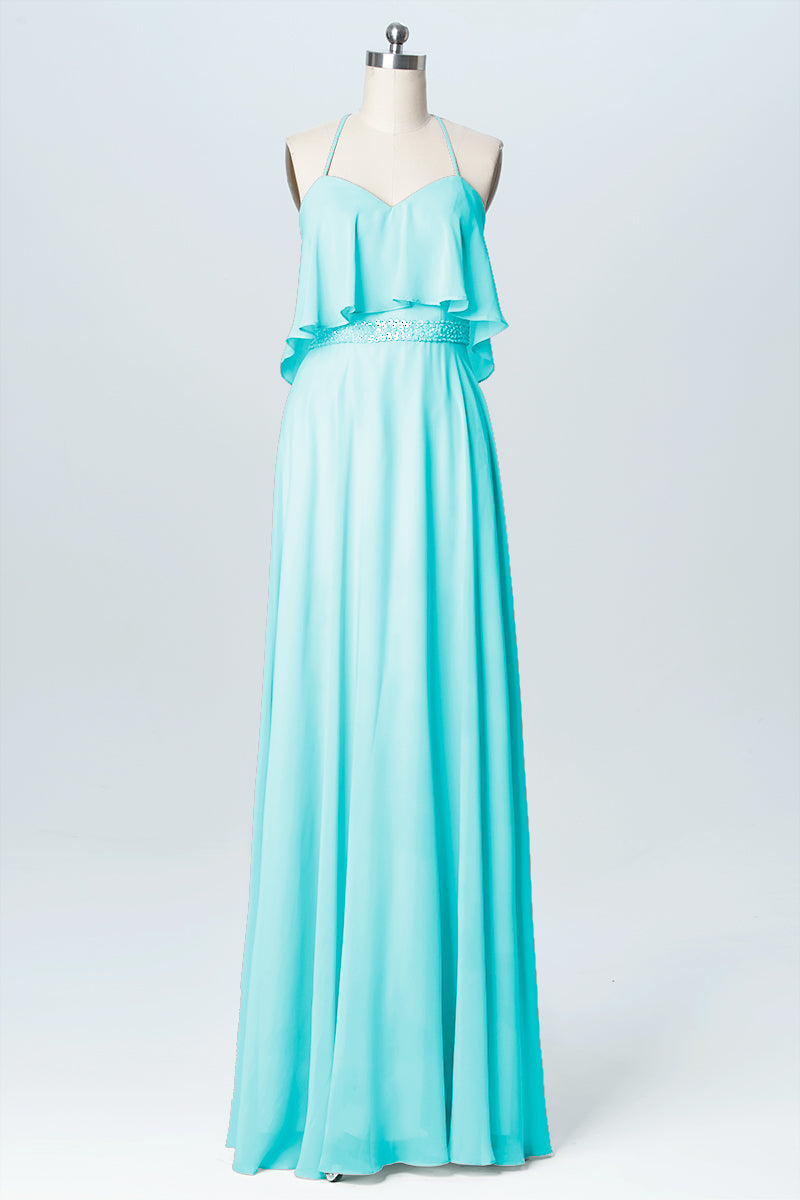 Chiffon Column Spaghetti Straps Sleeveless Bridesmaid Dress-B03045