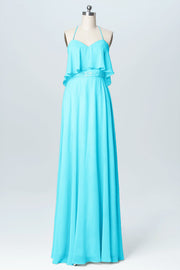 Chiffon Column Spaghetti Straps Sleeveless Bridesmaid Dress-B03045