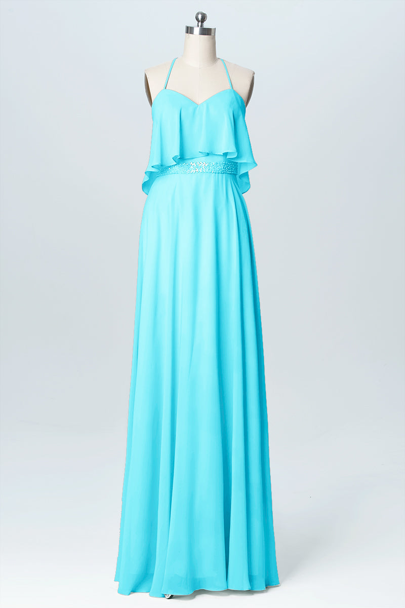 Chiffon Column Spaghetti Straps Sleeveless Bridesmaid Dress-B03045