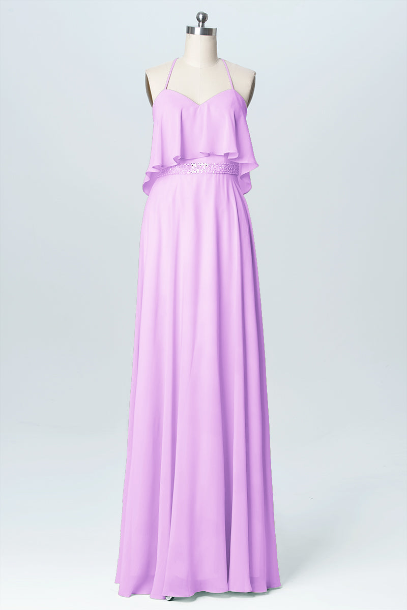 Chiffon Column Spaghetti Straps Sleeveless Bridesmaid Dress-B03045
