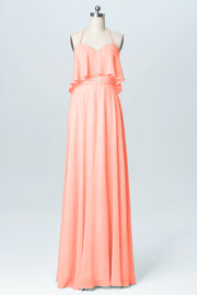 Chiffon Column Spaghetti Straps Sleeveless Bridesmaid Dress-B03045