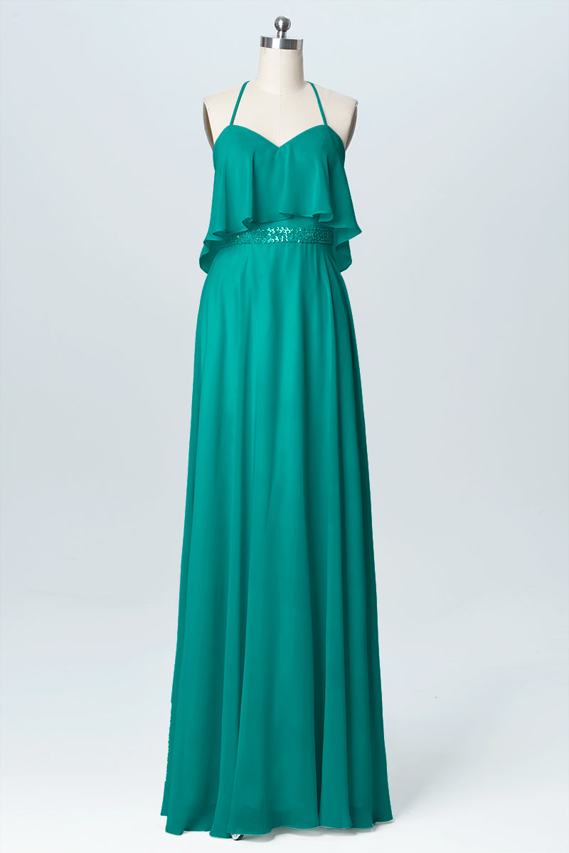 Chiffon Column Spaghetti Straps Sleeveless Bridesmaid Dress-B03045