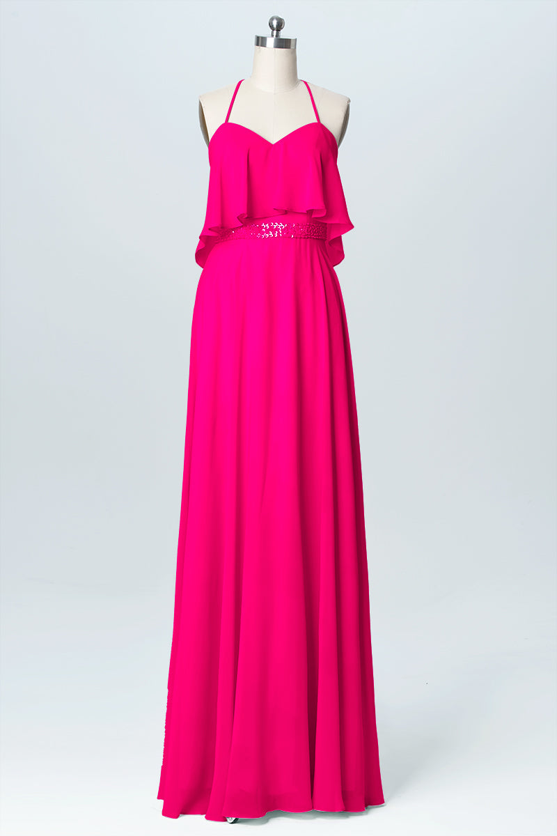 Chiffon Column Spaghetti Straps Sleeveless Bridesmaid Dress-B03045