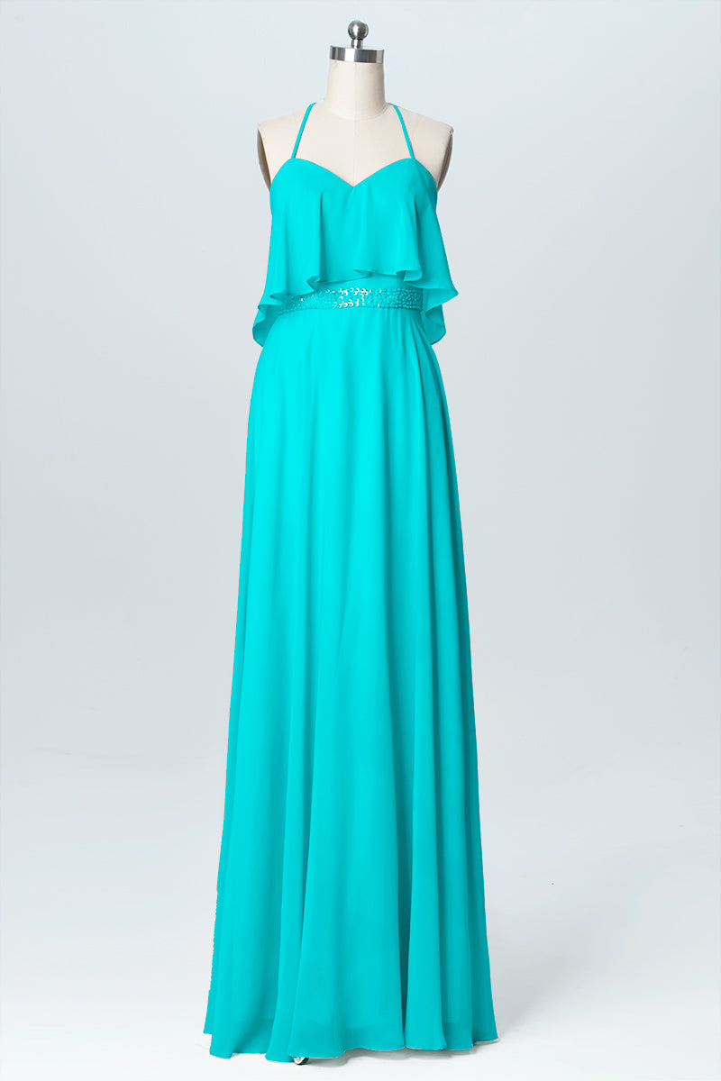 Chiffon Column Spaghetti Straps Sleeveless Bridesmaid Dress-B03045