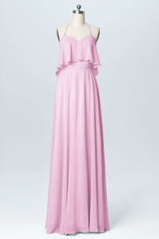 Chiffon Column Spaghetti Straps Sleeveless Bridesmaid Dress-B03045