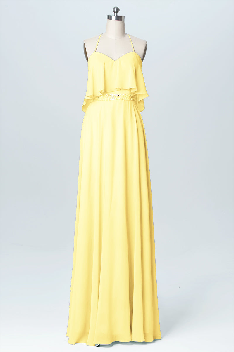 Chiffon Column Spaghetti Straps Sleeveless Bridesmaid Dress-B03045