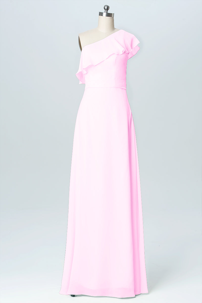 Chiffon Column One Shoulder Sleeveless Bridesmaid Dress-B03055
