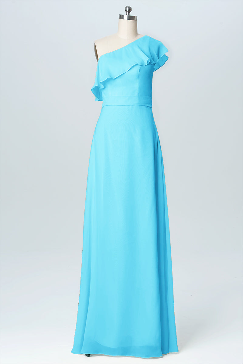 Chiffon Column One Shoulder Sleeveless Bridesmaid Dress-B03055