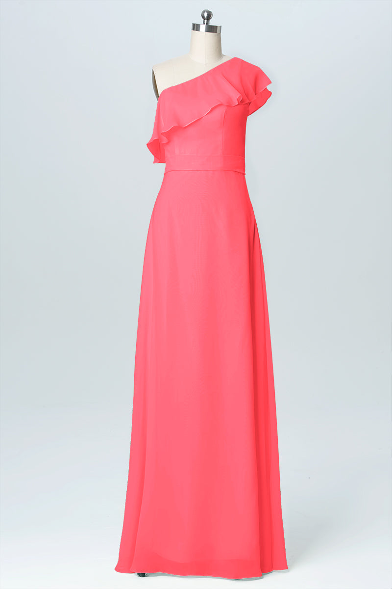 Chiffon Column One Shoulder Sleeveless Bridesmaid Dress-B03055