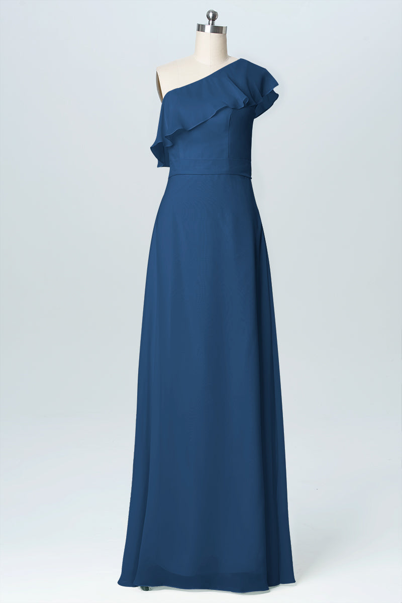 Chiffon Column One Shoulder Sleeveless Bridesmaid Dress-B03055