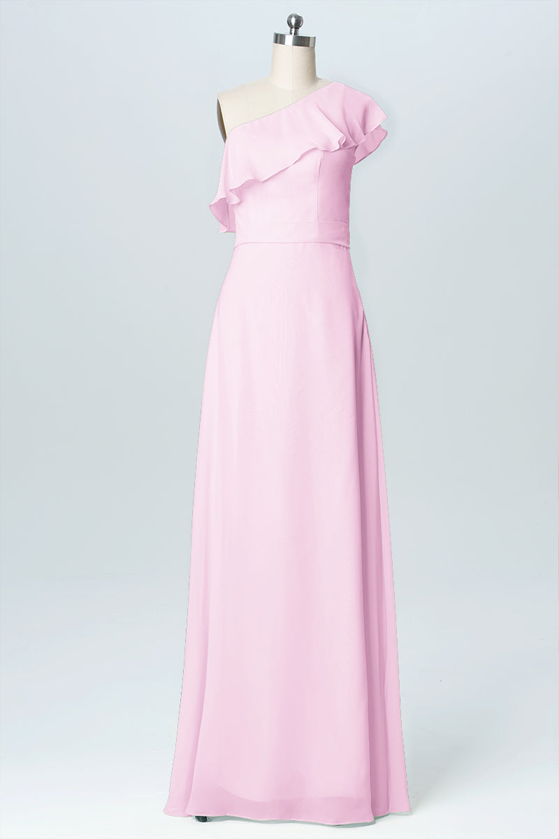 Chiffon Column One Shoulder Sleeveless Bridesmaid Dress-B03055