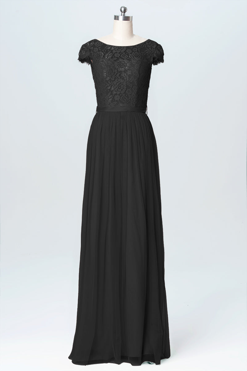Lace Column Scoop Neck Cap Sleeve Bridesmaid Dress-B03063