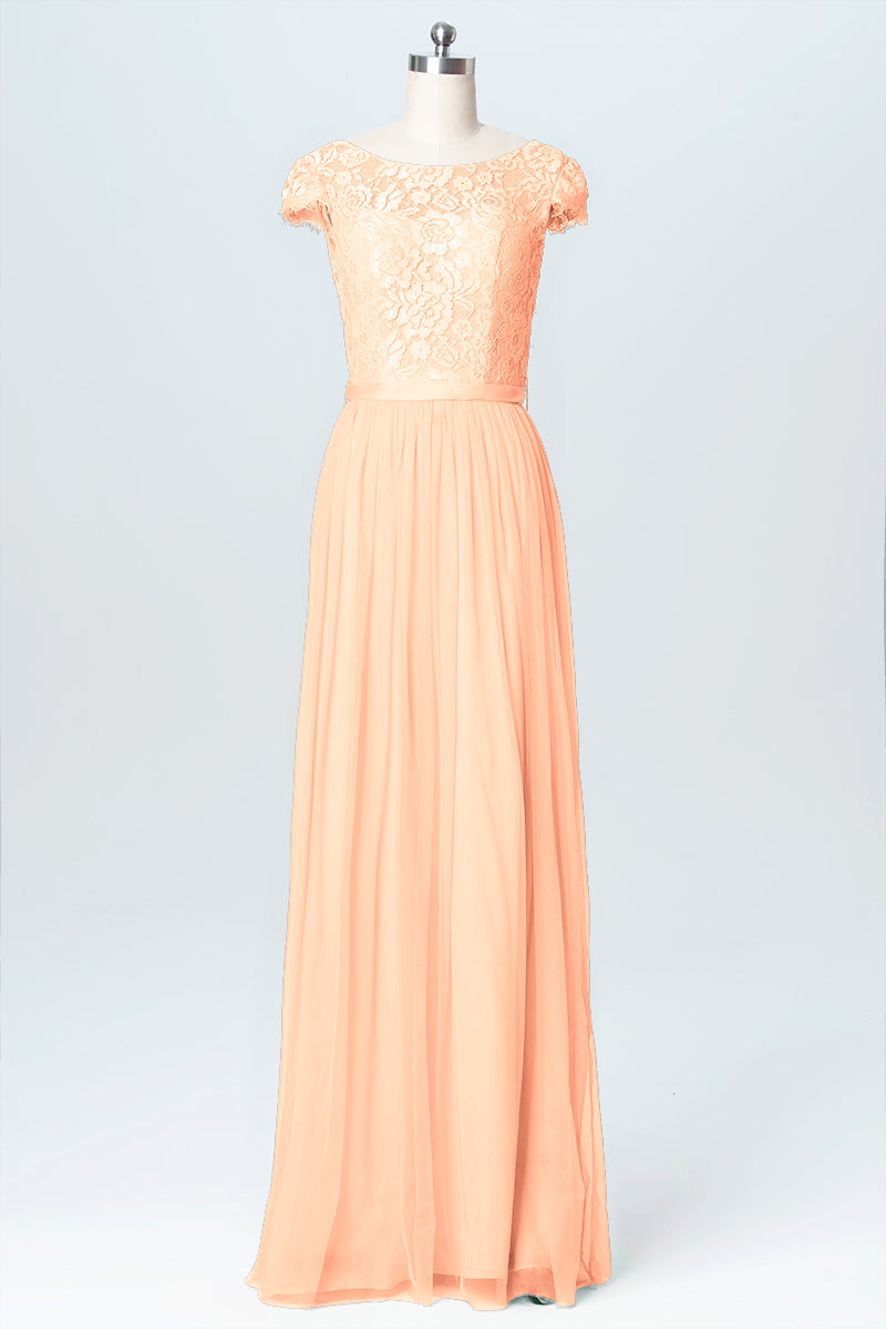 Lace Column Scoop Neck Cap Sleeve Bridesmaid Dress-B03063