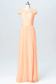 Lace Column Scoop Neck Cap Sleeve Bridesmaid Dress-B03063