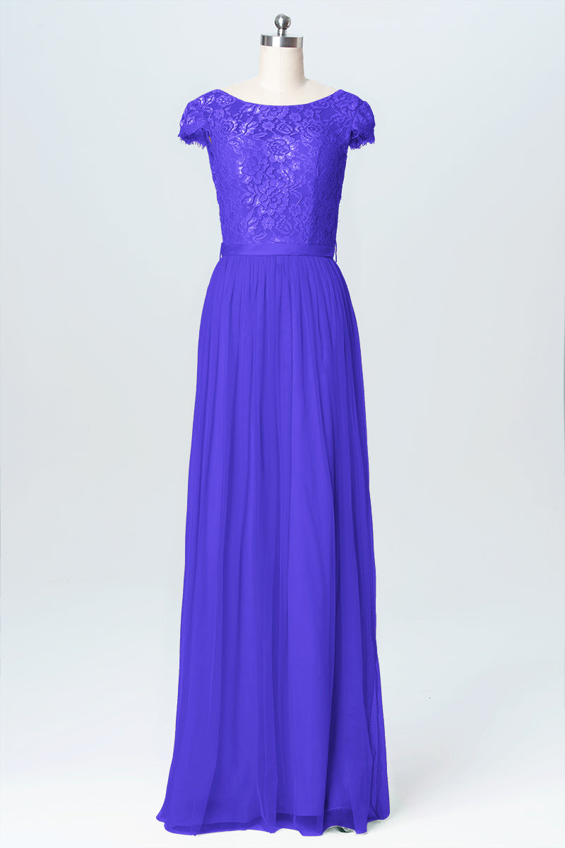 Lace Column Scoop Neck Cap Sleeve Bridesmaid Dress-B03063