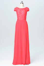 Lace Column Scoop Neck Cap Sleeve Bridesmaid Dress-B03063