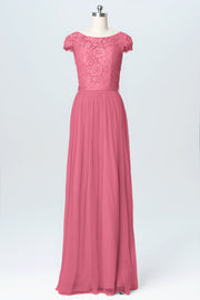 Lace Column Scoop Neck Cap Sleeve Bridesmaid Dress-B03063