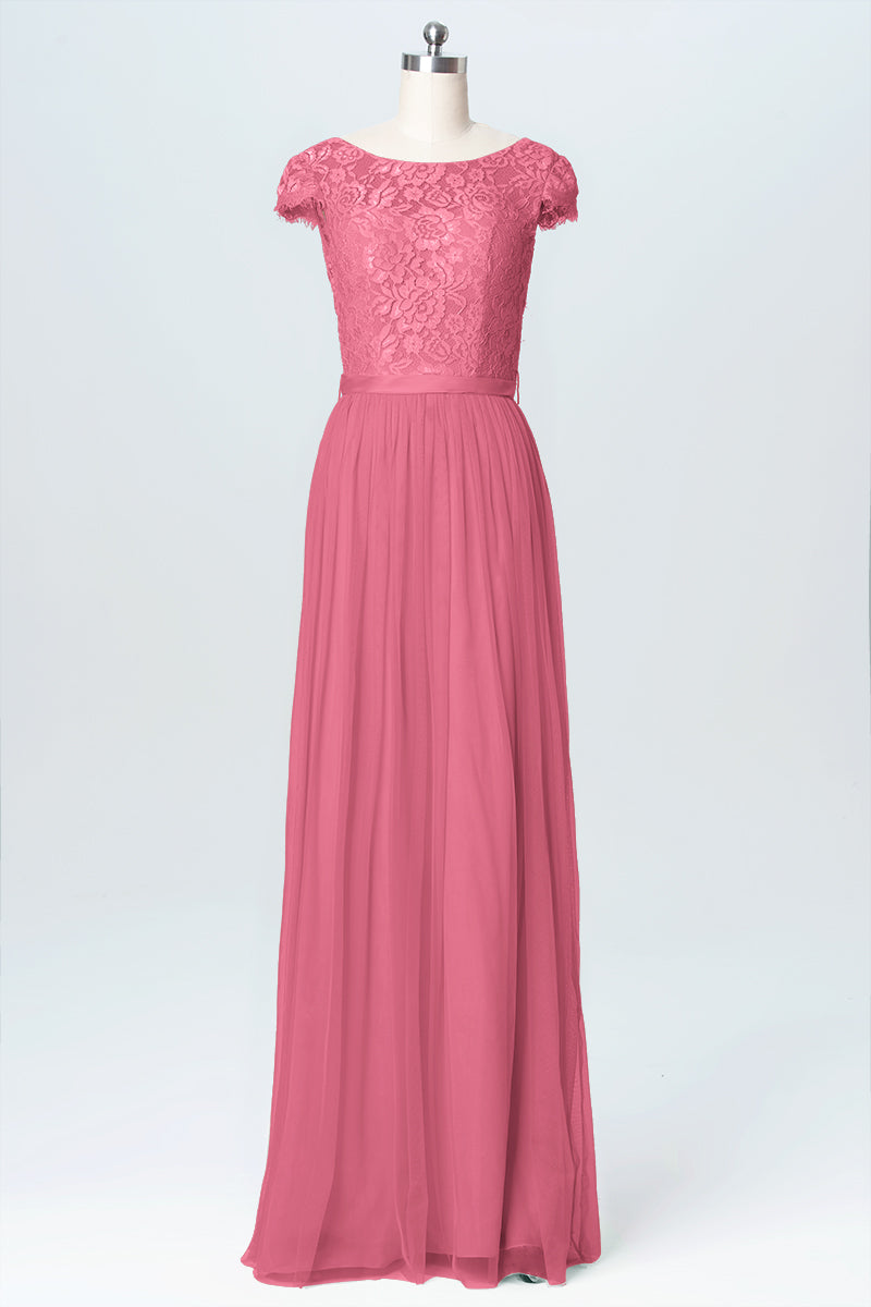 Lace Column Scoop Neck Cap Sleeve Bridesmaid Dress-B03063