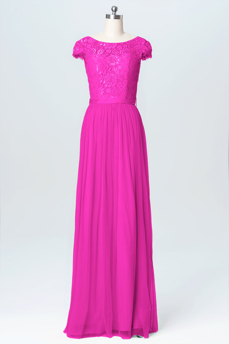 Lace Column Scoop Neck Cap Sleeve Bridesmaid Dress-B03063