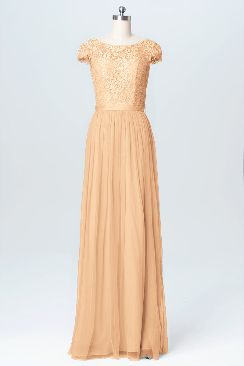 Lace Column Scoop Neck Cap Sleeve Bridesmaid Dress-B03063