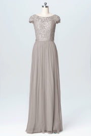 Lace Column Scoop Neck Cap Sleeve Bridesmaid Dress-B03063